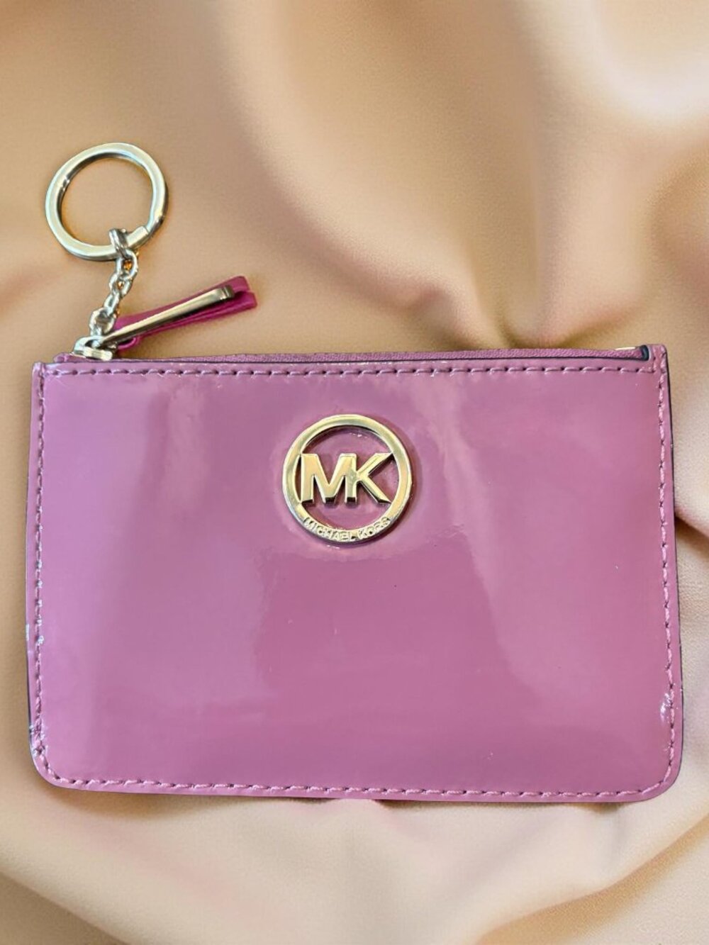 Michael Kors Fulton Patent Leather Card Holder Coin Pouch Key Ring Wallet Pink